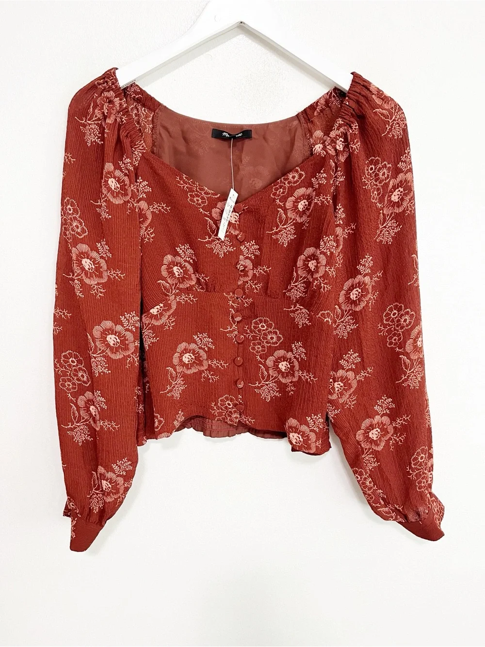 BOGO! NWT Madewell Preston Puff Sleeve Floral Blouse Rust Size Medium